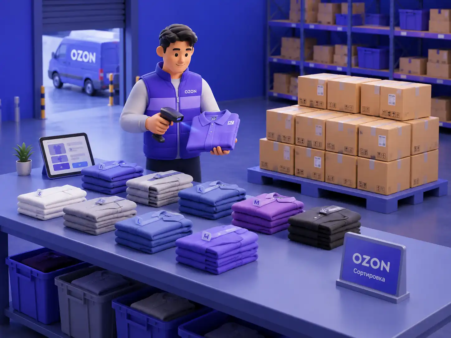 Сортировка и сканирование партии одежды перед доставкой товаров для Ozon